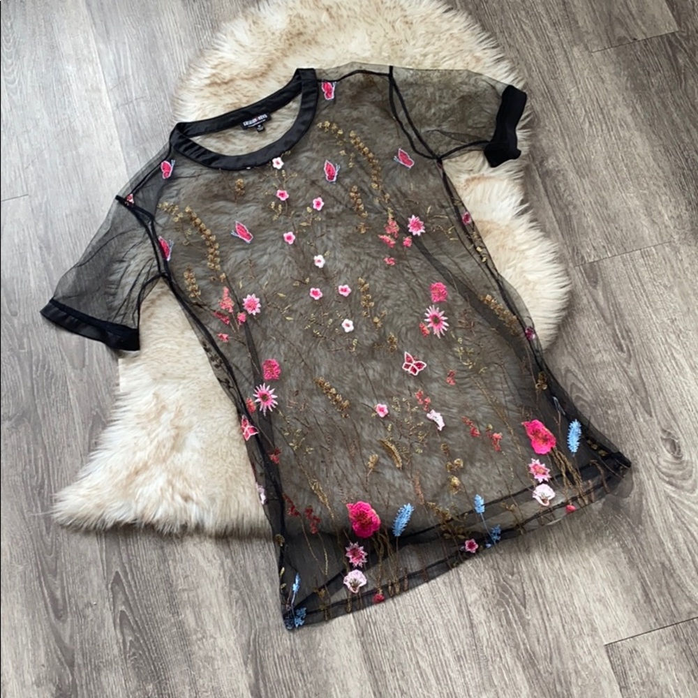Sheer flower embroidered black mesh Long tee